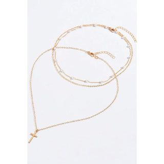 Cross and Pearl Layered Chain Necklace