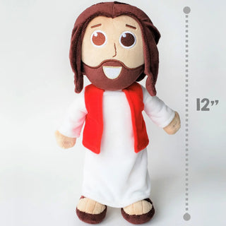 Plush 12-inch Talking Jesus Doll with open arms, soft embroidered features, and hand squeeze function to speak 10 Bible phrases