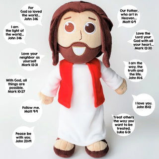  Talking Jesus Doll showing warm smile, soft plush fabric, and embroidered robe details for children’s faith-based learning toy