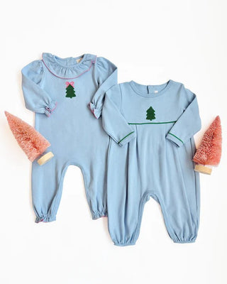 Long Sleeve Ramona Ruffle Romper - Barrington Blue and Romany Rose with Embroidered Christmas Tree/ TBBC-Infants-Simply Blessed Children's Boutique