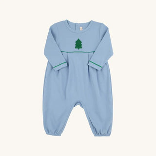 Long Sleeve Bradford Romper - Barrington Blue and Kiawah Kelly Green with Embroidered Christmas Tree/TBBC-Infants-Simply Blessed Children's Boutique