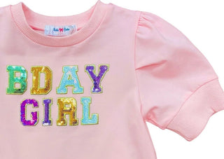 Lulu Bebe Puff Sleeve Pink Sequin Birthday Girl Top-Girls Short Sleeve Shirts-Simply Blessed Children's Boutique