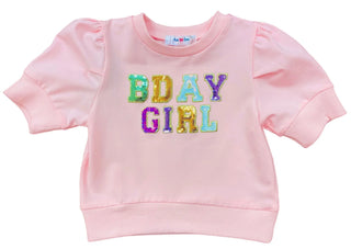 Lulu Bebe Puff Sleeve Pink Sequin Birthday Girl Top-Girls Short Sleeve Shirts-Simply Blessed Children's Boutique