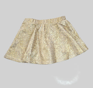 Lulu Bebe Metallic Gold Skirt with shimmering fabric and flared design, perfect for holiday parties and special occasions.