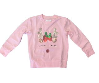 Lulu Bebe pink long sleeve top with festive sequin reindeer design featuring sparkling antlers, red bow, and Rudolph nose for holiday outfits.