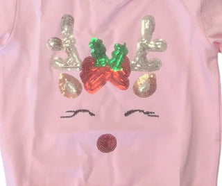 Lulu Bebe pink long sleeve top with festive sequin reindeer design featuring sparkling antlers, red bow, and Rudolph nose.