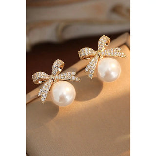 Luminous Pearl & Shimmering Rhinestone Bowknot Earrings-Women's Earrings-Simply Blessed Children's Boutique