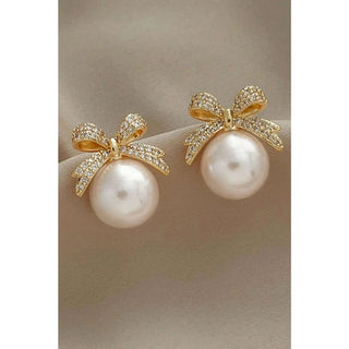 Luminous Pearl & Shimmering Rhinestone Bowknot Earrings-Women's Earrings-Simply Blessed Children's Boutique