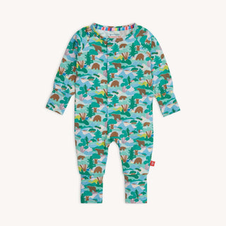 Camo Cubs Magnetic Me baby coverall with forest bear and tree print, made from soft and breathable TENCEL™ Modal fabric.