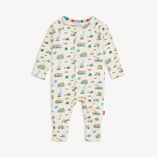Cream Magnetic Me convertible coverall with colorful dump truck and construction vehicle print  on Tencel modal fabric .