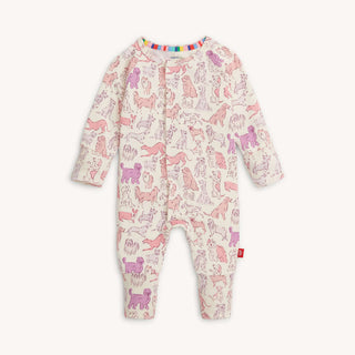 Magnetic Me Pink Paw-ty baby coverall with pink and lilac puppy print, featuring soft modal fabric and magnetic closures for easy changes.