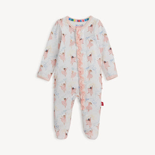 Pretty ballerina print baby sleeper with pink ruffle trim and magnetic closures by Magnetic Me, made from soft eco-friendly modal.