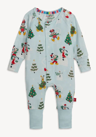 Magnetic Me Snow Excited modal baby coverall with winter Disney character print, convertible cuffs, and foldover footie design.