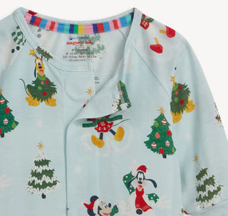 Close-up of Magnetic Me Snow Excited modal baby coverall showing Disney winter character print and soft eco-friendly modal fabric.