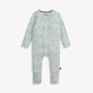 Magnetic Me light teal modal convertible coverall with zebra print , cuffs,and magnetic closures, laid out flat front view