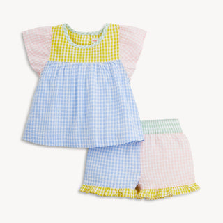 Magnetic Me Multi Gingham Woven Flutter Sleeve Top and Short Set