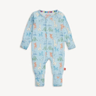 Magnetic Me blue glow-in-the-dark Party Animals modal coverall with magnetic closures and convertible feet for baby boys.