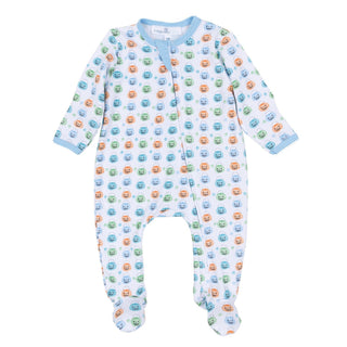 Magnolia Baby Pumpkin Party Light Blue Print Zip Footie - Simply Blessed Children's Boutique