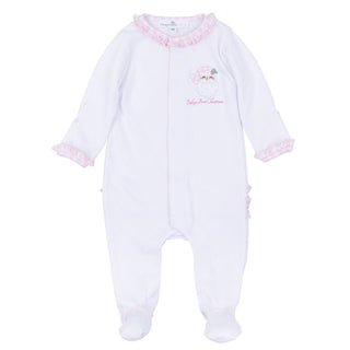 Magnolia Baby Sweet St Nick Applique Pink Baby Girl First Christmas Ruffle Footie-Infants-Simply Blessed Children's Boutique