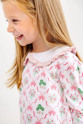 Maude's Ruffle Cassidy Comfy Crewneck – Boxwoods and Bows/Worth Ave White/Palm Beach Pink | The Beaufort Bonnet Company-Girls Sweatshirt/Pullover-Simply Blessed Children's Boutique