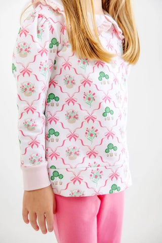 Maude's Ruffle Cassidy Comfy Crewneck – Boxwoods and Bows/Worth Ave White/Palm Beach Pink | The Beaufort Bonnet Company-Girls Sweatshirt/Pullover-Simply Blessed Children's Boutique