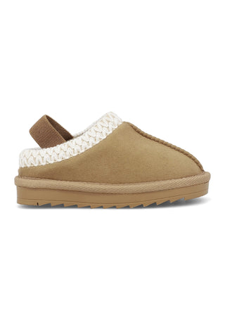 Side view of MIA Shoes Lil Downee Girls Chestnut Clog with microsuede upper, elastic sling back, and  cream stitched sole.