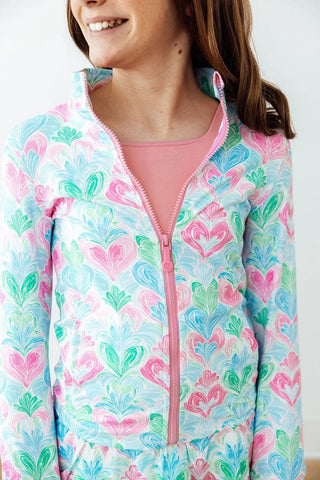 Mila & Rose Turquoise and Pink Happy Hearts Full-Zip Active Ruffle Jacket-Girls Jackets/Coats-Simply Blessed Children's Boutique