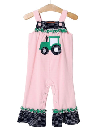 Millie Jay Pink Striped Tractor Applique Jay Ruffle Romper-Girls One-Piece-Simply Blessed Children's Boutique