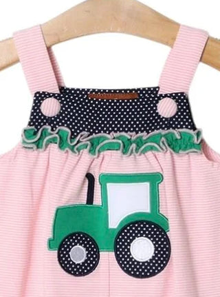 Millie Jay Pink Striped Tractor Applique Jay Ruffle Romper-Girls One-Piece-Simply Blessed Children's Boutique