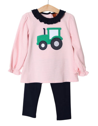 Millie Jay Girls Pink Striped Tractor Applique Top with Navy Leggings-Girls Outfit Sets-Simply Blessed Children's Boutique