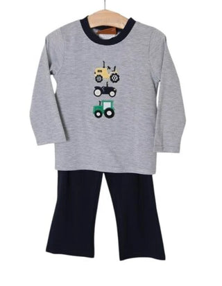 Millie Jay Boys Navy Striped Long Sleeve Tractor Trio Applique Shirt with Navy Pants-Boys Outfit Sets-Simply Blessed Children's Boutique