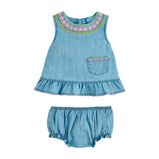 Mud Pie Baby Girl’s Embroidered Denim Pinafore Set-Infants-Simply Blessed Children's Boutique