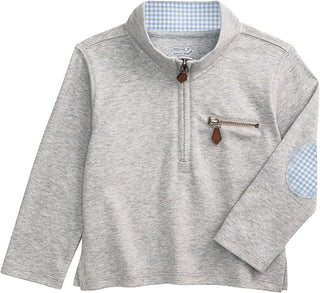 Mud Pie Boys' Quarter Zip Sweatshirt with Gingham Elbow Patches-Boys Sweatshirt/Pullover-Simply Blessed Children's Boutique