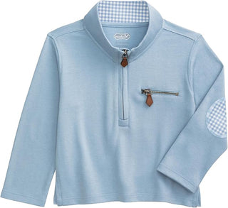 Mud Pie Boys' Quarter Zip Sweatshirt with Gingham Elbow Patches-Boys Sweatshirt/Pullover-Simply Blessed Children's Boutique