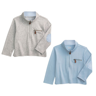 Mud Pie Boys' Quarter Zip Sweatshirt with Gingham Elbow Patches-Boys Sweatshirt/Pullover-Simply Blessed Children's Boutique