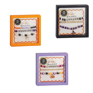 Set of 3 Mud Pie Halloween beaded bracelets—glow-in-the-dark stretch sets in Haunted, Hey Boo, or Spooky designs.