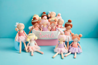 Plush ballerina dolls with pastel tutus and sweater knit yarn hair—perfect for snuggling, gifting, or recital keepsakes.
