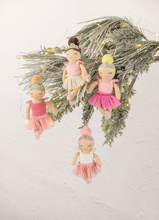 Mud Pie sweater knit ballerina ornaments with tulle skirts and sparkly crowns, perfect for Christmas or keepsake gifting.