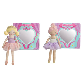 Two ballerina dolls with matching outfits and heart-shaped mirrors on a white background