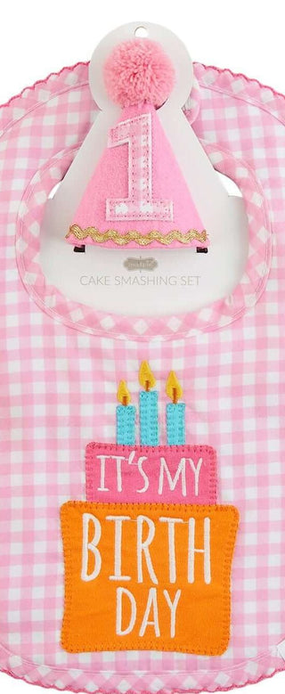 Pink Gingham Cake Smasher Hat and Bib Set-Baby Accessories-Simply Blessed Children's Boutique