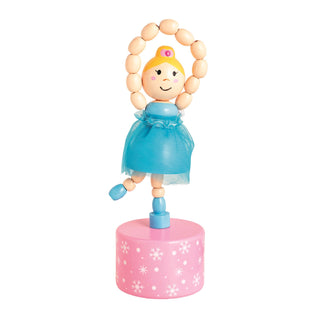 Blonde ballerina in a blue tulle dress atop a pink snowflake base from Mud Pie's Nutcracker Collapsing Toy collection.