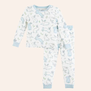 Mud Pie blue bunny pajama set for toddlers with long sleeves and pants, featuring a breathable bamboo cotton blend and cute bunny print.