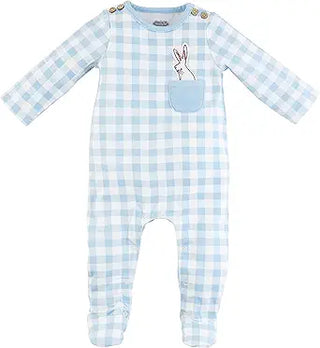 Mud Pie baby boy sleeper with blue gingham print, bunny pocket detail, coconut buttons, and inner leg snaps for easy changing.