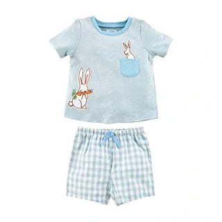 Mud Pie boys 2-piece set with blue bunny applique tee and gingham shorts featuring twill tape ties and comfy pull-on waist.