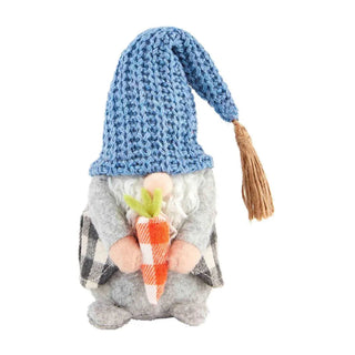 Mud Pie blue Easter gnome sitter with plaid sleeves, white beard, and orange carrot—adorable spring accent for your home.