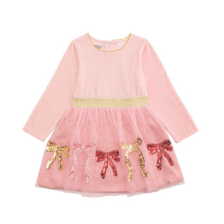 Blush pink velour tutu dress with long sleeves, gold waistband, and sequin bows—perfect for holiday parties and family photos.