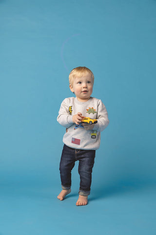 Boys gray sweatshirt with playful patches—features dinos, trucks, planes, football, and more for everyday adventure.
