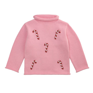Pink rollneck sweater with crochet candy canes—cozy holiday knit for girls who love sweet style and classic Christmas charm.