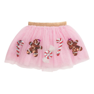 Pink Christmas tutu with sequin candy canes, gingerbread girls, and peppermints—perfect for festive photos and twirls.