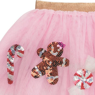 Pink Christmas tutu with sequin candy canes, gingerbread girls, and peppermints—perfect for festive photos and twirls.